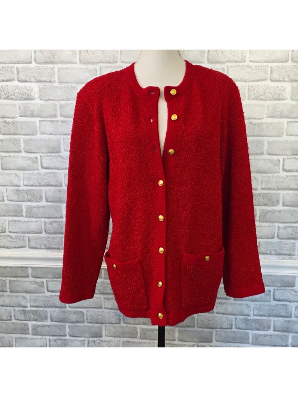 Vintage Kerri & Kelsey Red Grandmacore Cardigan Gold Button Knit Sweater Lg